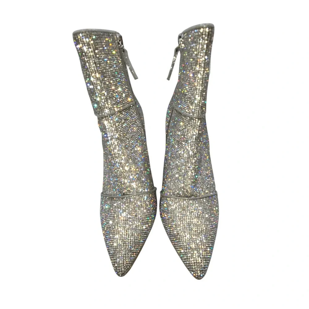 Steve Madden Noticed-R Rhinestone Silver Ankle Boots Pointed Toe Block Heel 8